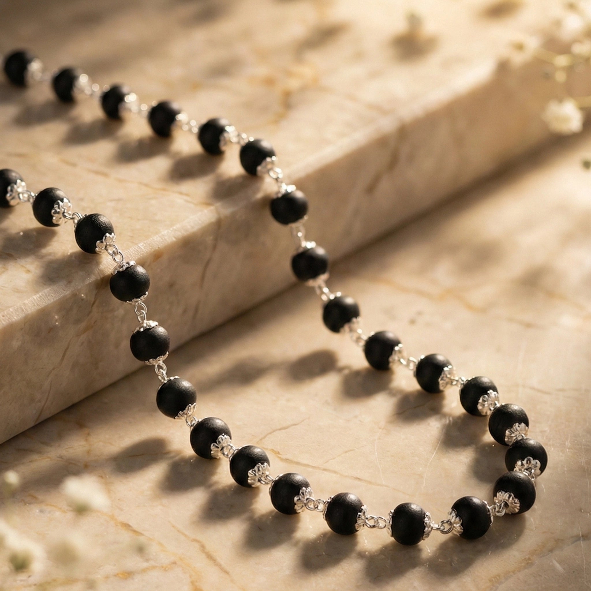 Natural Karungali Silver Capped Malai (8mm, 54 Beads)